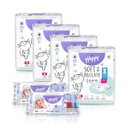 4x Bella Baby Happy Newborn pelenka 82 db + 2x Happy Allantoin + E-vit. nedves babatörlőkendő 64 db